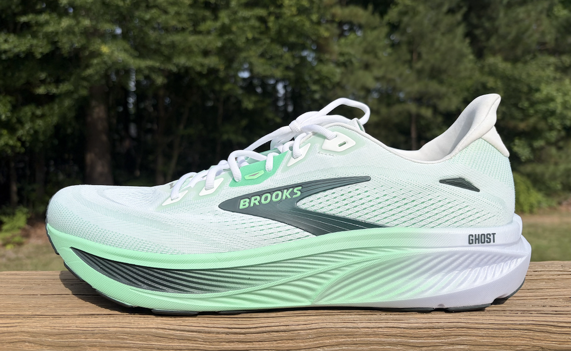 Brooks Ghost 18 review photo. A photo of the mint-green Brooks Ghost 18 running shoe